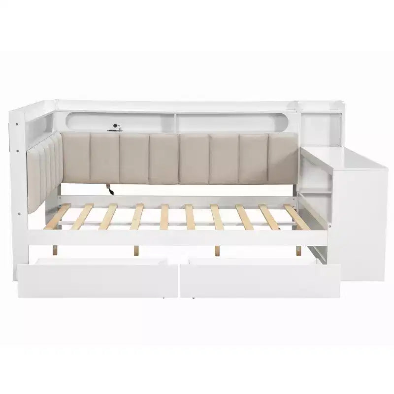 Lit de repos double avec étagères de rangement, station de charge, lumière LED et bureau