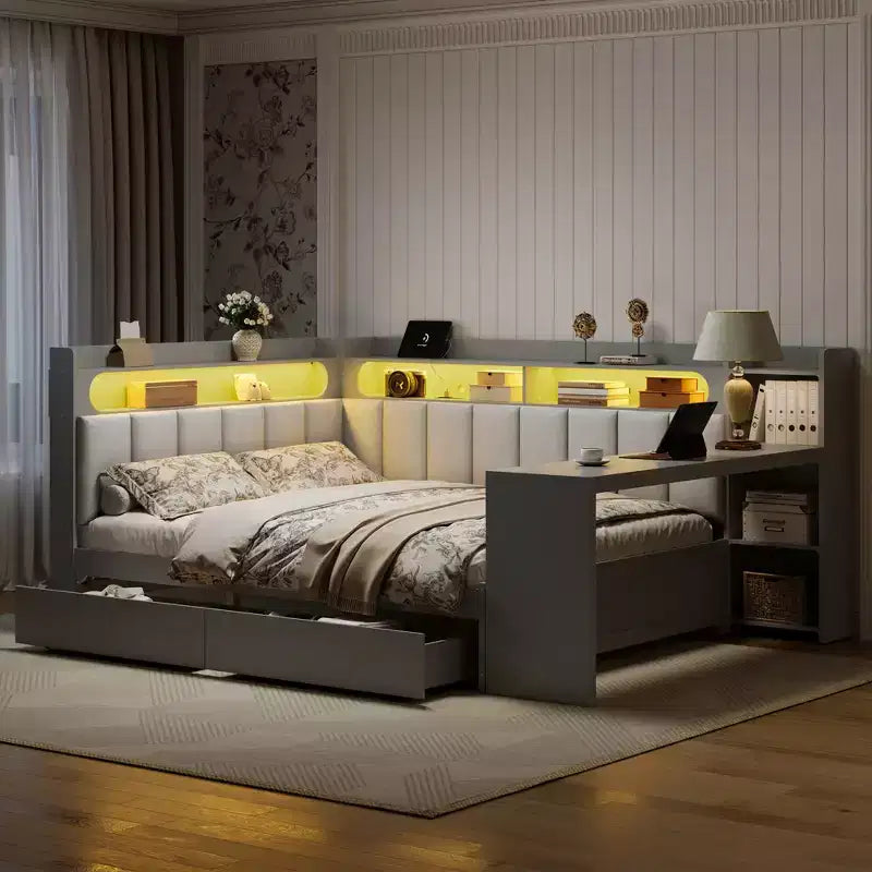 Lit de repos double avec étagères de rangement, station de charge, lumière LED et bureau