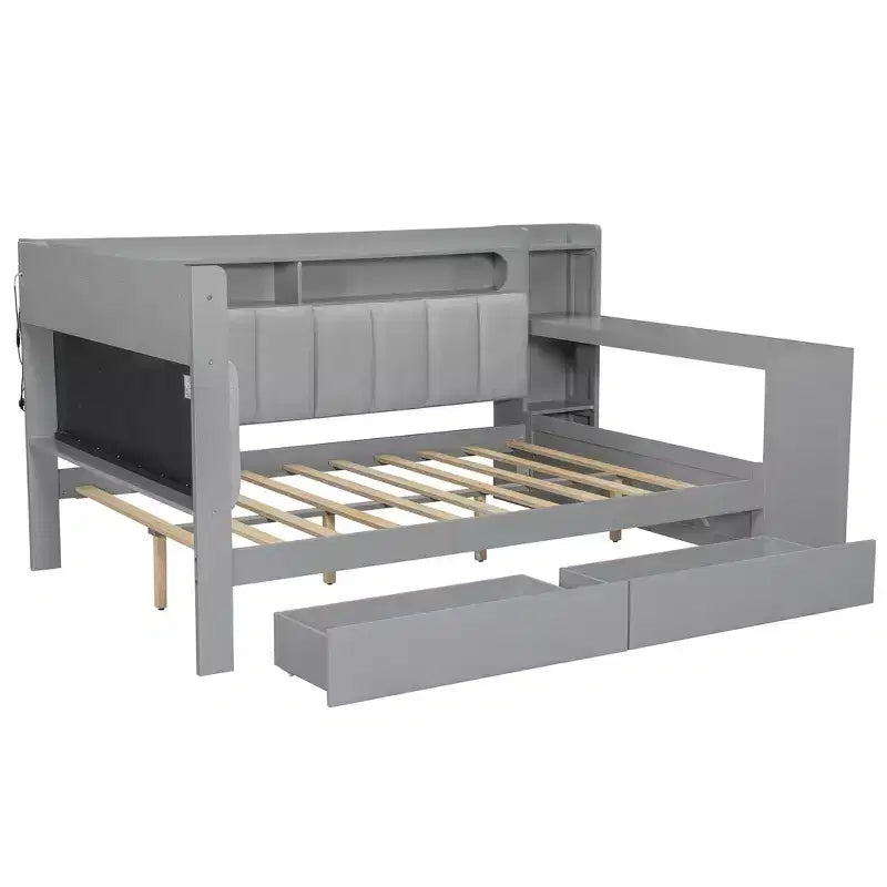 Lit de repos double avec étagères de rangement, station de charge, lumière LED et bureau