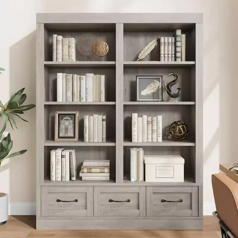 Bibliothèque en bois de 162 cm de haut avec 3 tiroirs de rangement et 4 étagères ouvertes, grande bibliothèque pour la bibliothèque, le bureau et le salon