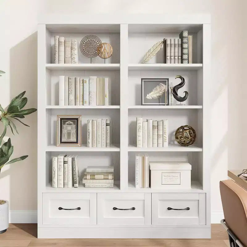 Bibliothèque en bois de 162 cm de haut avec 3 tiroirs de rangement et 4 étagères ouvertes, grande bibliothèque pour la bibliothèque, le bureau et le salon