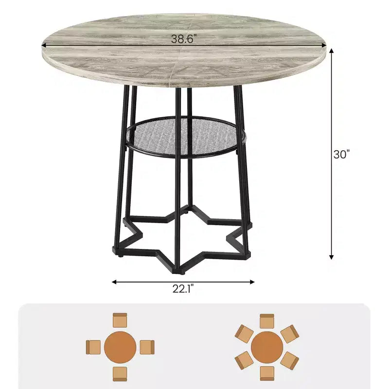 Table à manger ronde pour 4 personnes, table de cuisine de ferme de 98 cm avec plateau en bois et base en métal, étagère de rangement