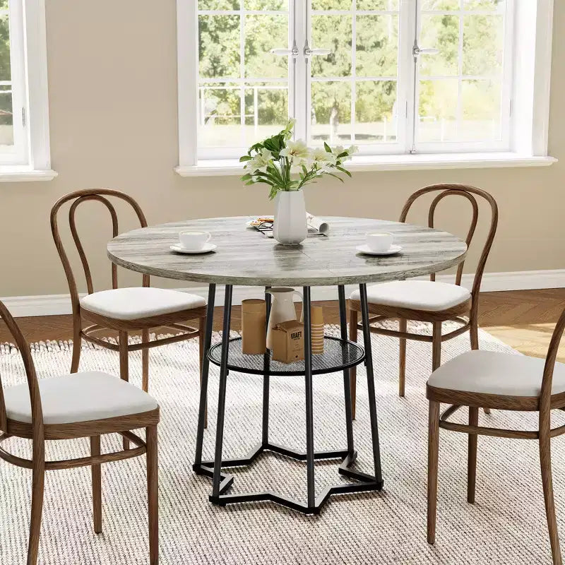 Table à manger ronde pour 4 personnes, table de cuisine de ferme de 98 cm avec plateau en bois et base en métal, étagère de rangement