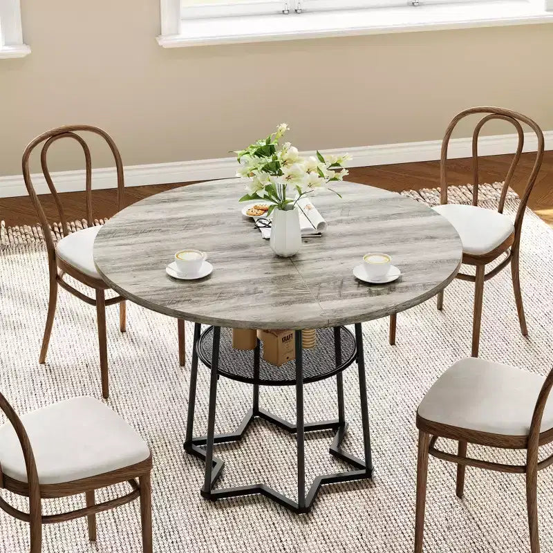 Table à manger ronde pour 4 personnes, table de cuisine de ferme de 98 cm avec plateau en bois et base en métal, étagère de rangement
