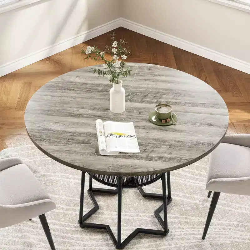 Table à manger ronde pour 4 personnes, table de cuisine de ferme de 98 cm avec plateau en bois et base en métal, étagère de rangement