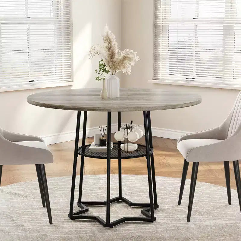 Table à manger ronde pour 4 personnes, table de cuisine de ferme de 98 cm avec plateau en bois et base en métal, étagère de rangement