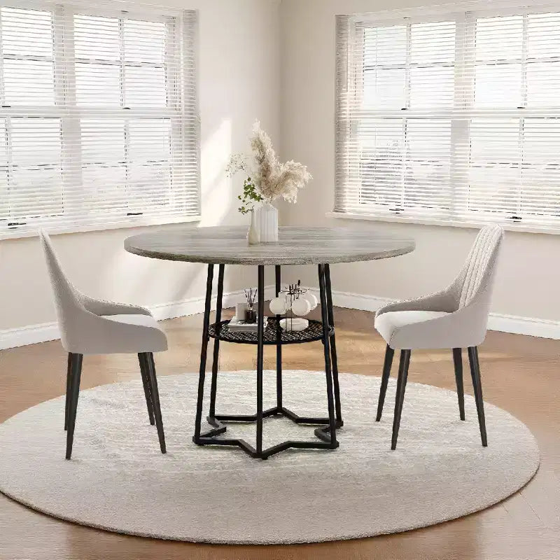 Table à manger ronde pour 4 personnes, table de cuisine de ferme de 98 cm avec plateau en bois et base en métal, étagère de rangement