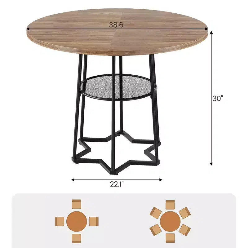 Table à manger ronde pour 4 personnes, table de cuisine de ferme de 98 cm avec plateau en bois et base en métal, étagère de rangement