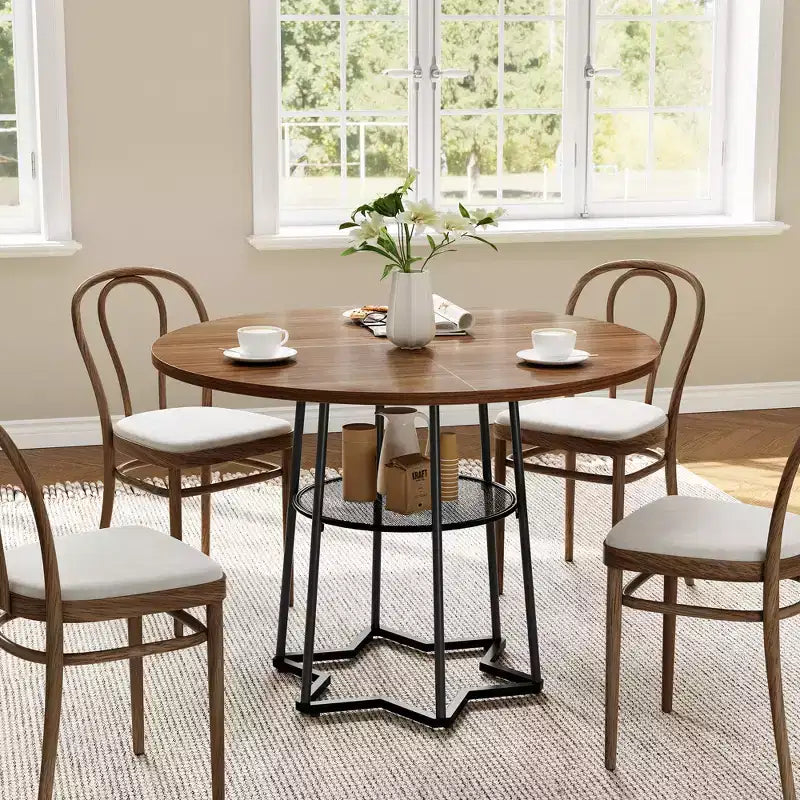 Table à manger ronde pour 4 personnes, table de cuisine de ferme de 98 cm avec plateau en bois et base en métal, étagère de rangement