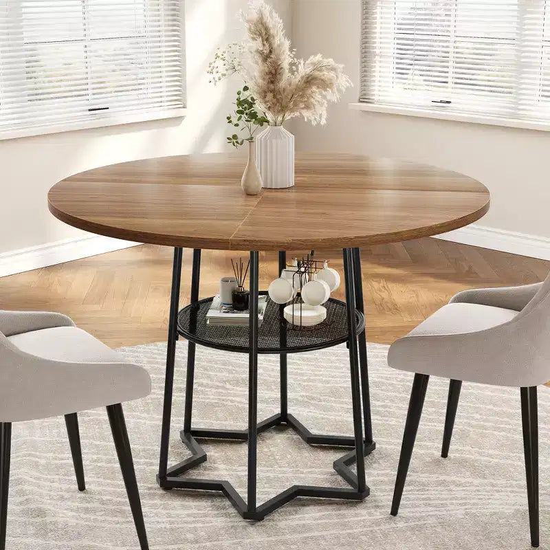 Table à manger ronde pour 4 personnes, table de cuisine de ferme de 98 cm avec plateau en bois et base en métal, étagère de rangement