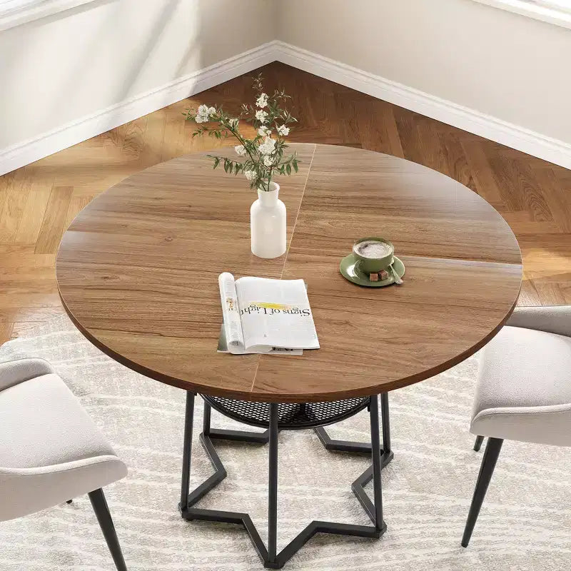 Table à manger ronde pour 4 personnes, table de cuisine de ferme de 98 cm avec plateau en bois et base en métal, étagère de rangement