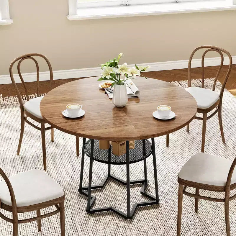 Table à manger ronde pour 4 personnes, table de cuisine de ferme de 98 cm avec plateau en bois et base en métal, étagère de rangement