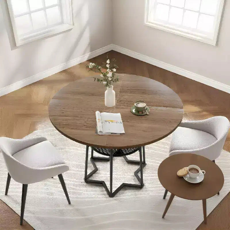 Table à manger ronde pour 4 personnes, table de cuisine de ferme de 98 cm avec plateau en bois et base en métal, étagère de rangement