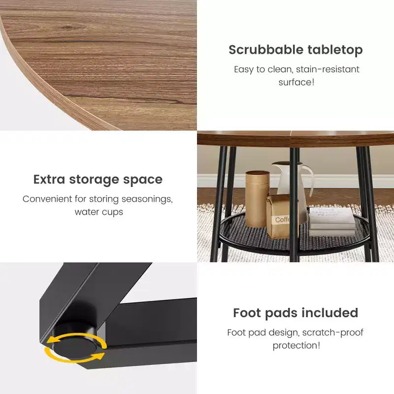 Table à manger ronde pour 4 personnes, table de cuisine de ferme de 98 cm avec plateau en bois et base en métal, étagère de rangement