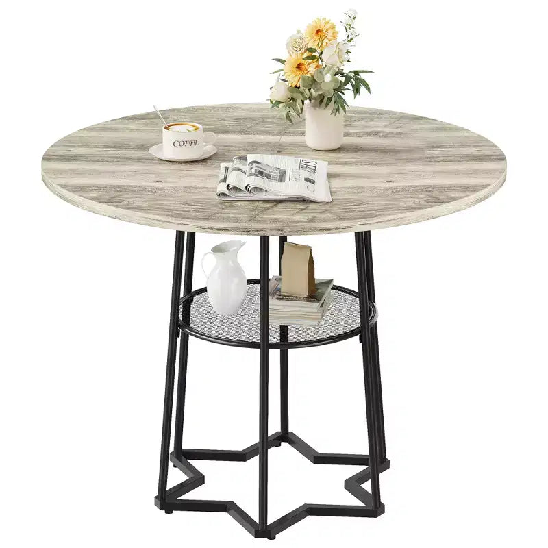 Table à manger ronde pour 4 personnes, table de cuisine de ferme de 98 cm avec plateau en bois et base en métal, étagère de rangement