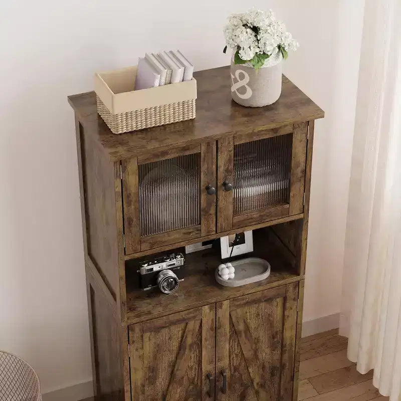 Buffet de ferme de 137 cm avec portes vitrées, étagères réglables, armoire de rangement autoportante pour cuisine, salle de bain, salon