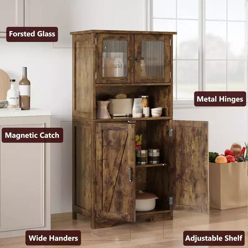 Buffet de ferme de 137 cm avec portes vitrées, étagères réglables, armoire de rangement autoportante pour cuisine, salle de bain, salon