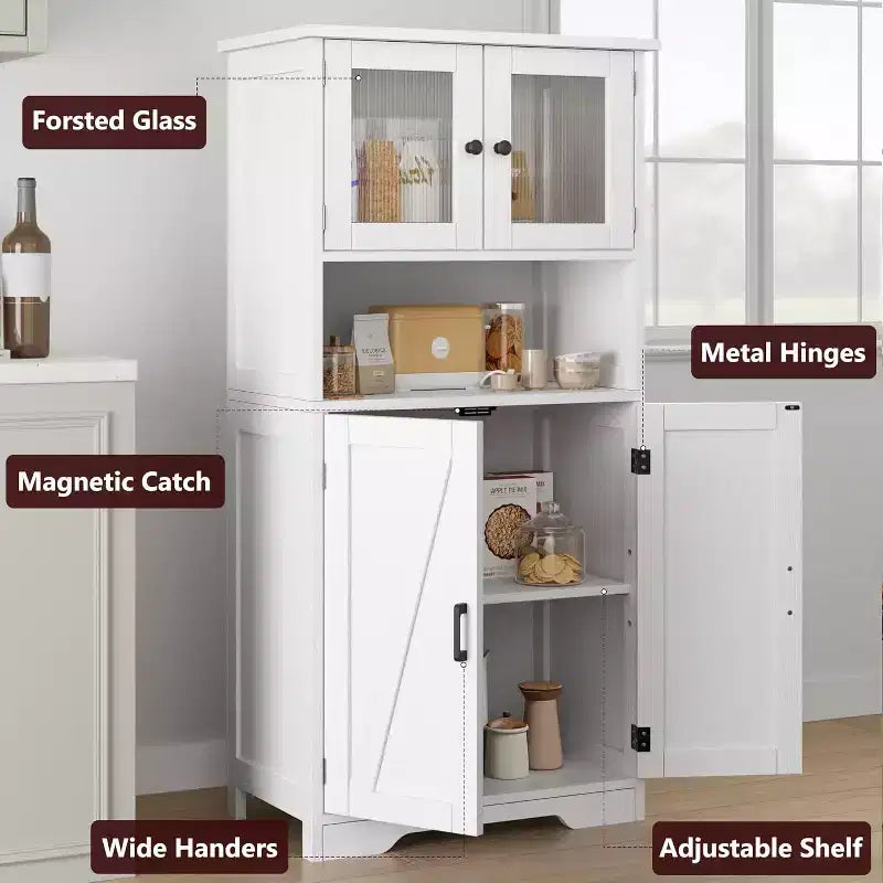 Buffet de ferme de 137 cm avec portes vitrées, étagères réglables, armoire de rangement autoportante pour cuisine, salle de bain, salon