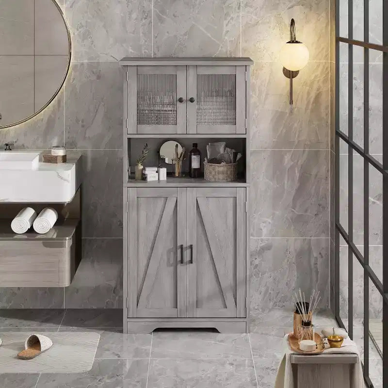 Buffet de ferme de 137 cm avec portes vitrées, étagères réglables, armoire de rangement autoportante pour cuisine, salle de bain, salon