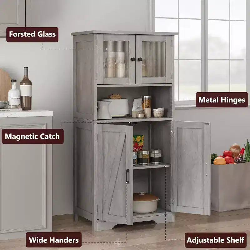 Buffet de ferme de 137 cm avec portes vitrées, étagères réglables, armoire de rangement autoportante pour cuisine, salle de bain, salon