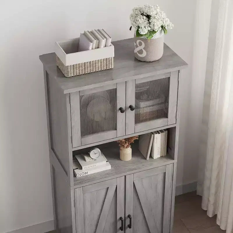 Buffet de ferme de 137 cm avec portes vitrées, étagères réglables, armoire de rangement autoportante pour cuisine, salle de bain, salon
