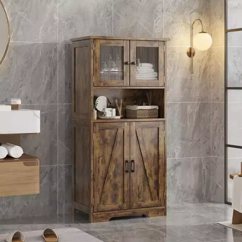 Buffet de ferme de 137 cm avec portes vitrées, étagères réglables, armoire de rangement autoportante pour cuisine, salle de bain, salon