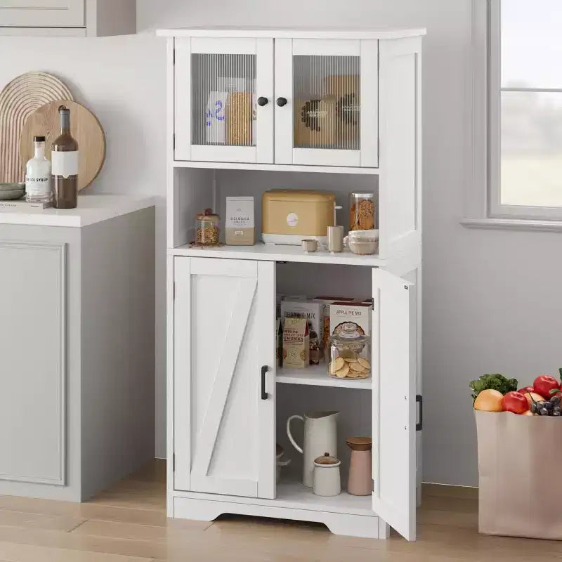 Buffet de ferme de 137 cm avec portes vitrées, étagères réglables, armoire de rangement autoportante pour cuisine, salle de bain, salon
