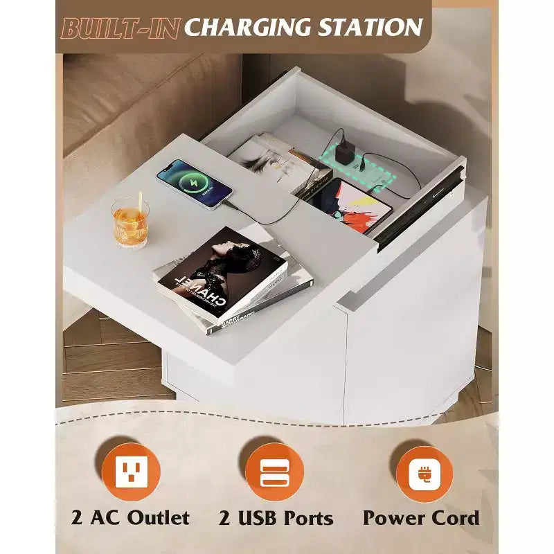 Table de chevet LED avec station de recharge – 2 tiroirs en bois et plateau coulissant, table d'appoint moderne pour chambre et salon