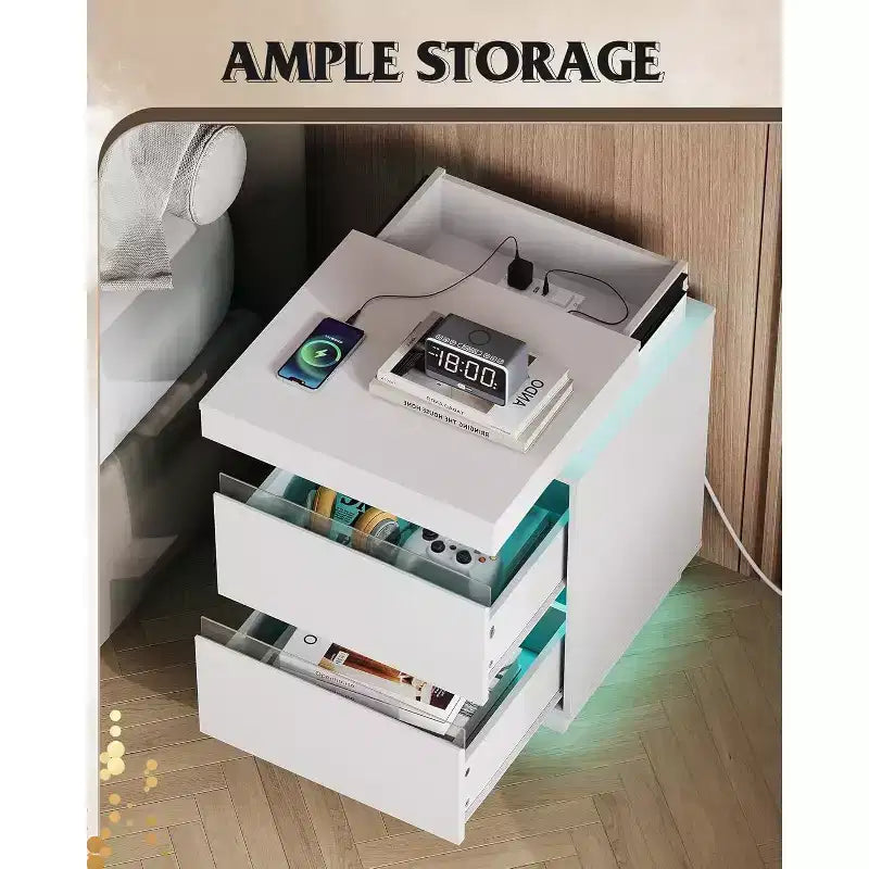 Table de chevet LED avec station de recharge – 2 tiroirs en bois et plateau coulissant, table d'appoint moderne pour chambre et salon