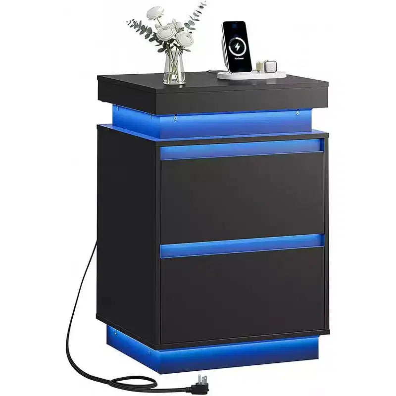 Table de chevet LED avec station de recharge – 2 tiroirs en bois et plateau coulissant, table d'appoint moderne pour chambre et salon