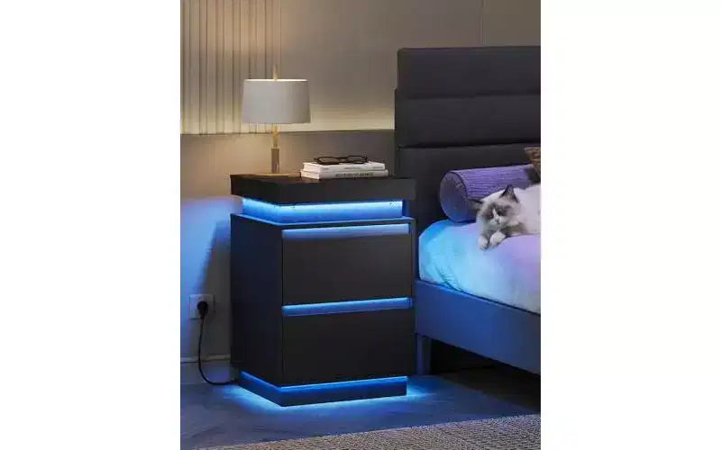 Table de chevet LED avec station de recharge – 2 tiroirs en bois et plateau coulissant, table d'appoint moderne pour chambre et salon