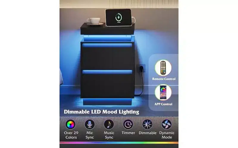 Table de chevet LED avec station de recharge – 2 tiroirs en bois et plateau coulissant, table d'appoint moderne pour chambre et salon