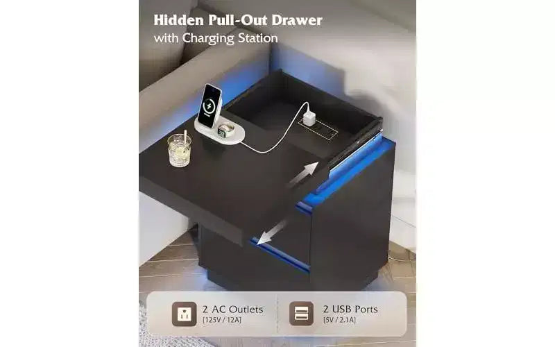 Table de chevet LED avec station de recharge – 2 tiroirs en bois et plateau coulissant, table d'appoint moderne pour chambre et salon