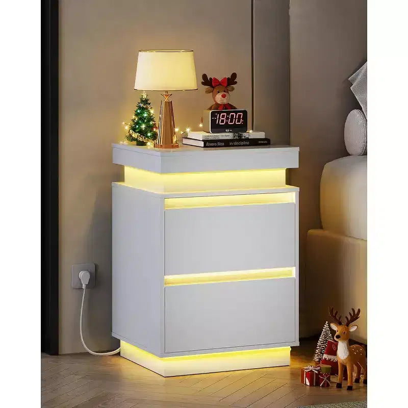Table de chevet LED avec station de recharge – 2 tiroirs en bois et plateau coulissant, table d'appoint moderne pour chambre et salon