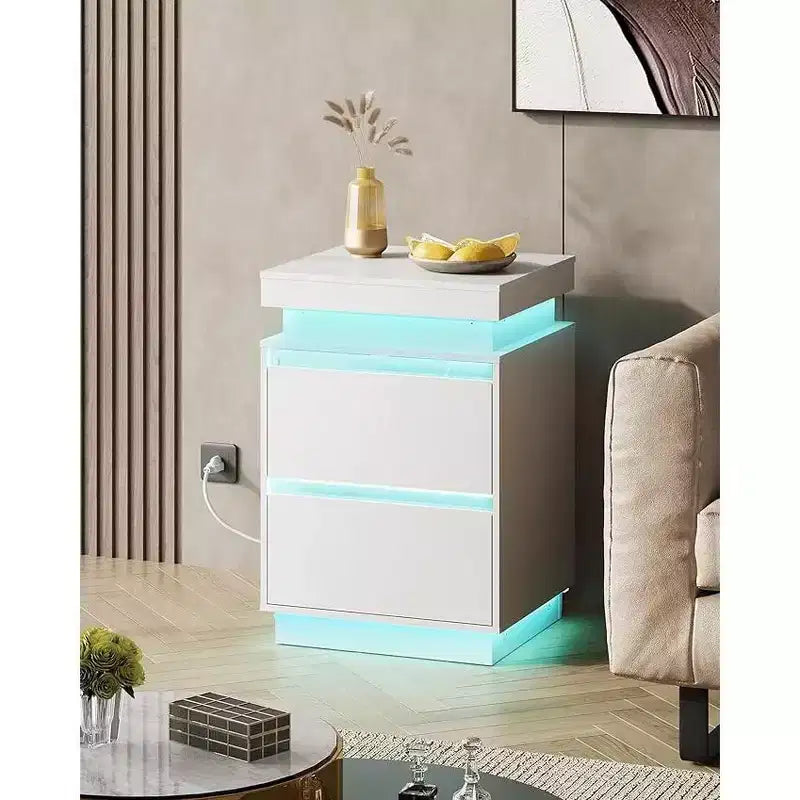 Table de chevet LED avec station de recharge – 2 tiroirs en bois et plateau coulissant, table d'appoint moderne pour chambre et salon
