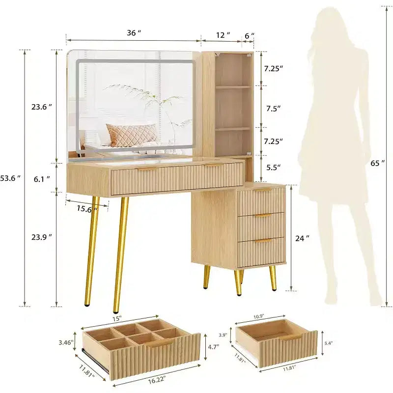 Coiffeuse de 122 cm avec miroir de 91 cm et lumière, 3 modes de couleur, coiffeuse à plateau en verre avec 5 tiroirs, 3 étagères et prises intégrées pour chambre à coucher