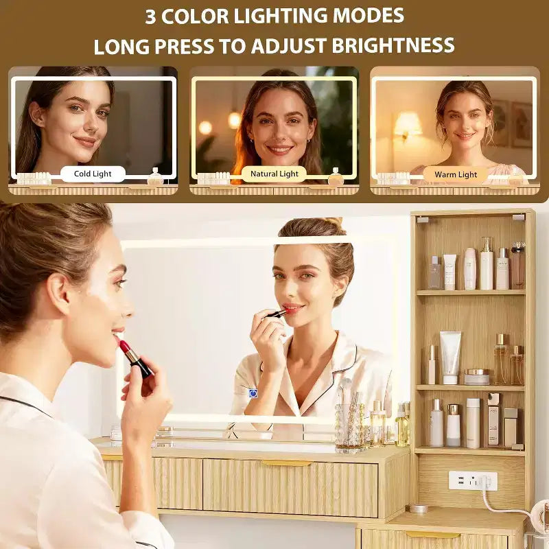 Coiffeuse de 122 cm avec miroir de 91 cm et lumière, 3 modes de couleur, coiffeuse à plateau en verre avec 5 tiroirs, 3 étagères et prises intégrées pour chambre à coucher