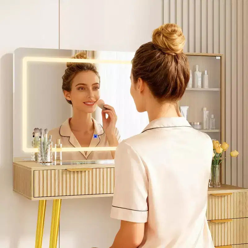 Coiffeuse de 122 cm avec miroir de 91 cm et lumière, 3 modes de couleur, coiffeuse à plateau en verre avec 5 tiroirs, 3 étagères et prises intégrées pour chambre à coucher