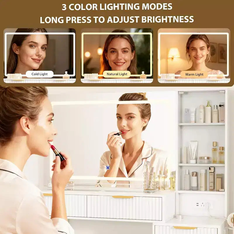 Coiffeuse de 122 cm avec miroir de 91 cm et lumière, 3 modes de couleur, coiffeuse à plateau en verre avec 5 tiroirs, 3 étagères et prises intégrées pour chambre à coucher