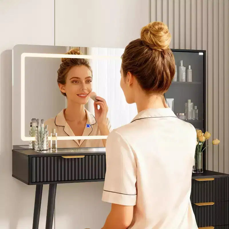 Coiffeuse de 122 cm avec miroir de 91 cm et lumière, 3 modes de couleur, coiffeuse à plateau en verre avec 5 tiroirs, 3 étagères et prises intégrées pour chambre à coucher