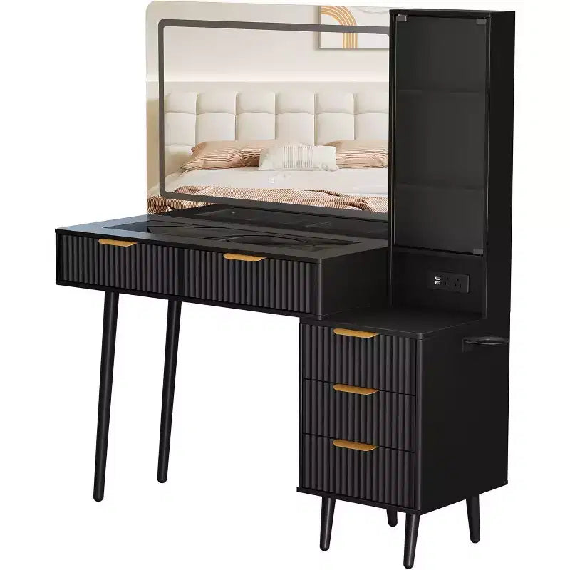 Coiffeuse de 122 cm avec miroir de 91 cm et lumière, 3 modes de couleur, coiffeuse à plateau en verre avec 5 tiroirs, 3 étagères et prises intégrées pour chambre à coucher