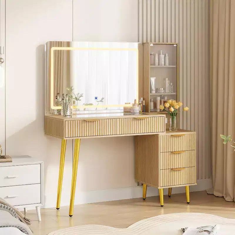 Coiffeuse de 122 cm avec miroir de 91 cm et lumière, 3 modes de couleur, coiffeuse à plateau en verre avec 5 tiroirs, 3 étagères et prises intégrées pour chambre à coucher