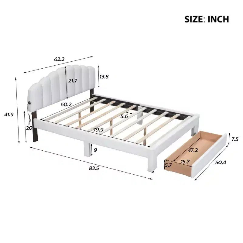 Lit plateforme rembourré, cadre de lit en bois Teddy Fleece avec tiroir et ports USB, pour chambre à coucher, montage facile, blanc
