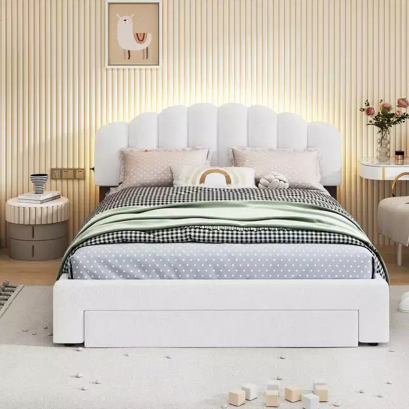 Lit plateforme rembourré, cadre de lit en bois Teddy Fleece avec tiroir et ports USB, pour chambre à coucher, montage facile, blanc
