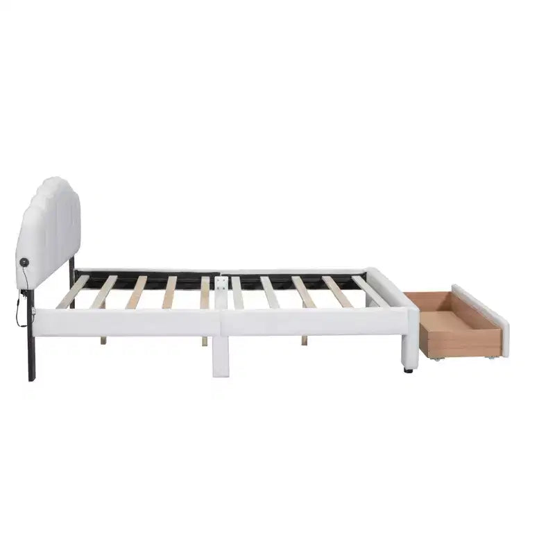 Lit plateforme rembourré, cadre de lit en bois Teddy Fleece avec tiroir et ports USB, pour chambre à coucher, montage facile, blanc