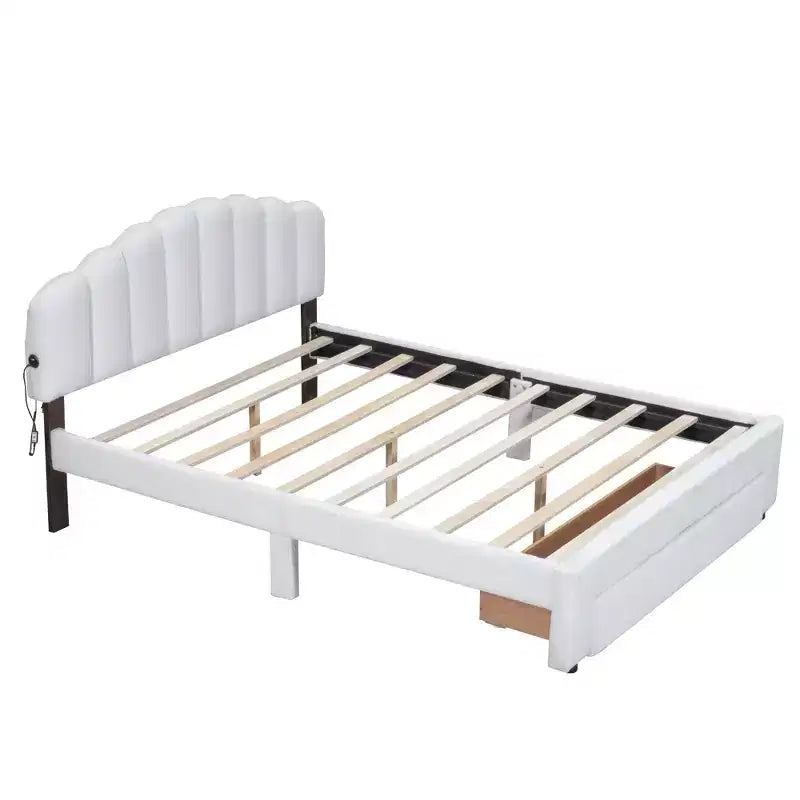 Lit plateforme rembourré, cadre de lit en bois Teddy Fleece avec tiroir et ports USB, pour chambre à coucher, montage facile, blanc