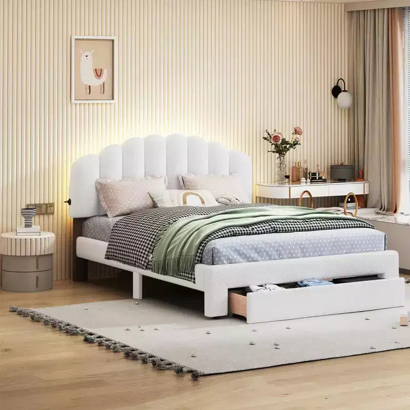 Lit plateforme rembourré, cadre de lit en bois Teddy Fleece avec tiroir et ports USB, pour chambre à coucher, montage facile, blanc
