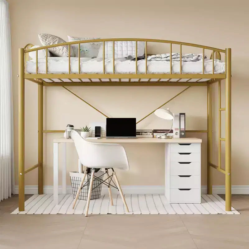 Lit mezzanine jumeau avec escalier et garde-corps arqué, lit plateforme en métal, gain de place, pas besoin de sommier, pour enfants et dortoirs