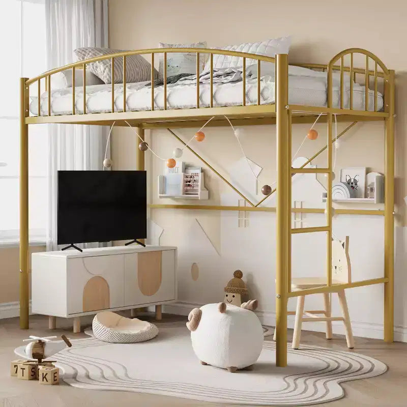 Lit mezzanine jumeau avec escalier et garde-corps arqué, lit plateforme en métal, gain de place, pas besoin de sommier, pour enfants et dortoirs
