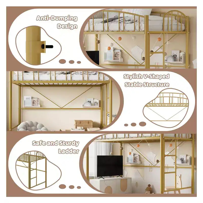 Lit mezzanine jumeau avec escalier et garde-corps arqué, lit plateforme en métal, gain de place, pas besoin de sommier, pour enfants et dortoirs